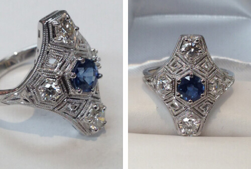 Ring with blue sapphire center gemstone surrounded by diamonds