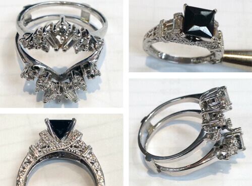 Restored black gemstone ring with interlocking diamond accent wedding band
